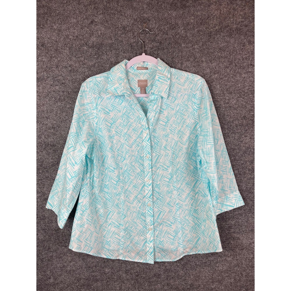 Chico's Button Down Shirt‎ Womens 2 L Turquoise White Wrinkle Resistant